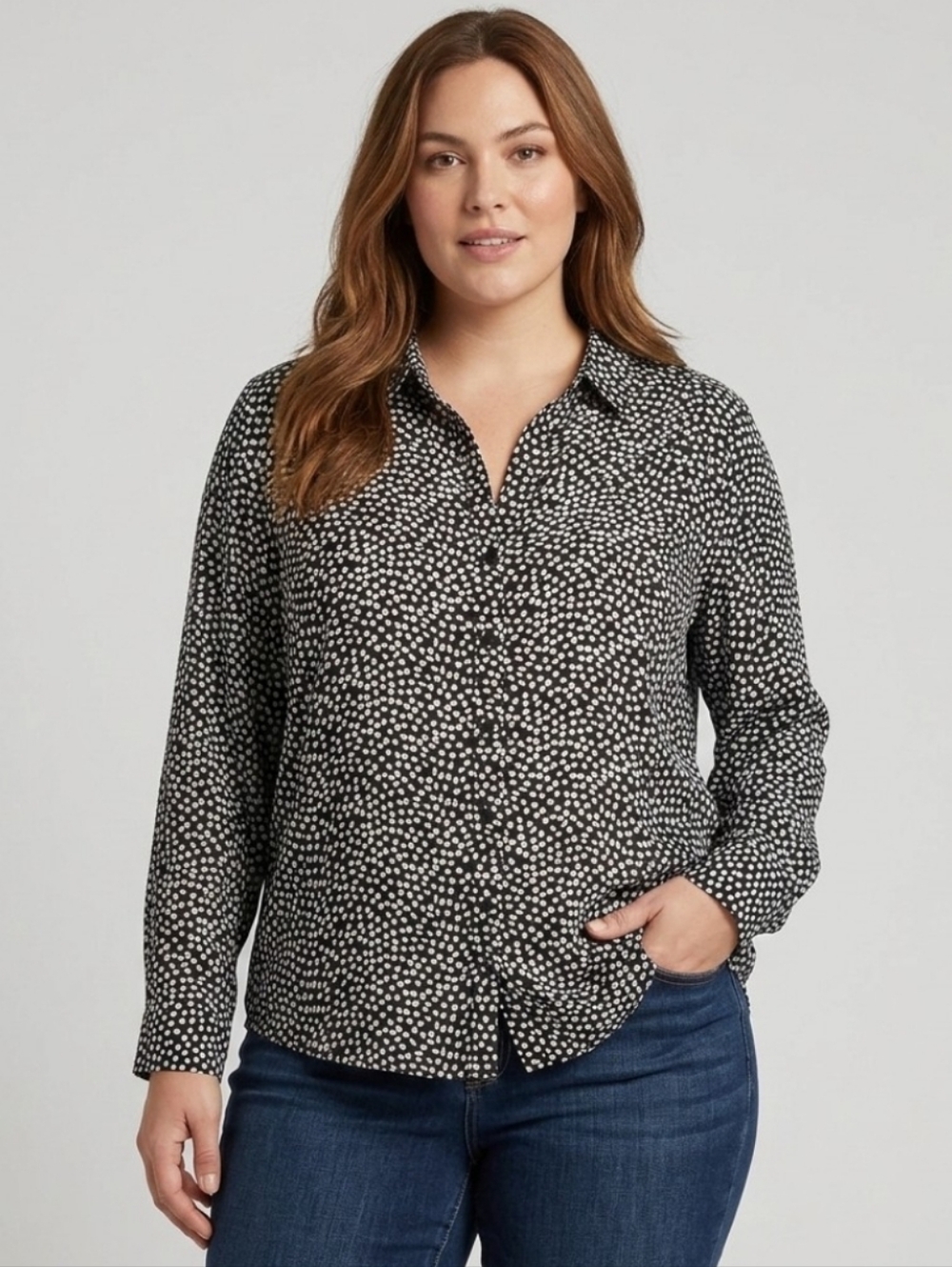 Kohls Apt 9 Black White Dot Button Down Tunic Style Blouse Size XL